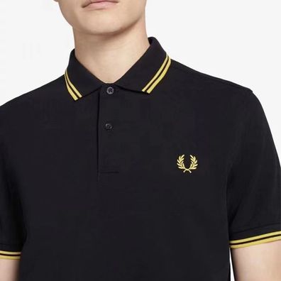 Fred Perry Polo Shirt T-Shirt Hemd Schwarz Gold gestreift Kragen