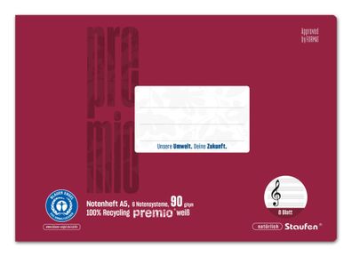 Staufen PREMIO 040791014 Notenheft LinN - A5 quer, 8 Blatt, 6 Notensystem, bordeaux