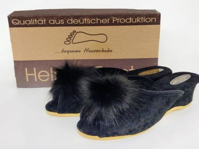 Helmut Trunte schicker Damen Pantoffel schwarz Puschel, zehenoffen, 4 cm Keilabsatz