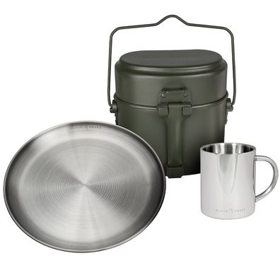 Black Snake® Kochgeschirr mit flachem Edelstahl Camping Teller und Tasse