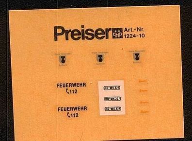 Preiser H0 1:87 Decals Naßschiebebilder Nr.1224-10 Feuerwehr 112 NEU Unbenutzt