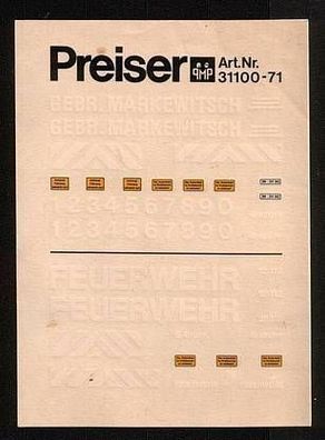 Preiser H0 1:87 Decals Naßschiebebilder Nr.31100-71 Markewitsch Feuerwehr NEU