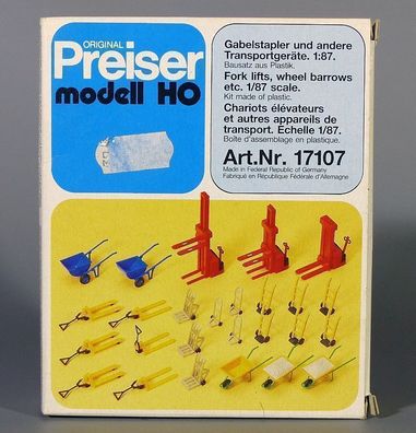 Preiser H0 17107 Gabelstapler und Transportgeräte Schubkarre Sackkarre etc. NEU OVP