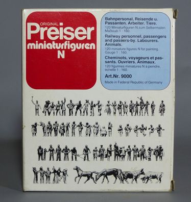 Preiser Spur N 9000 Figuren Bahnpersonal Reisende Passanten Arbeiter Tiere NEU OVP