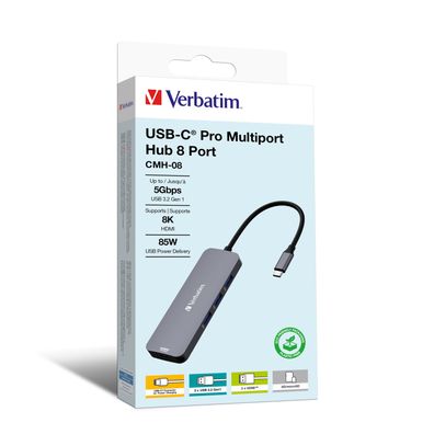 Verbatim 32151 Multiport-Hub CMH-08, 8 Port, USB-C Pro, grau/schwarz