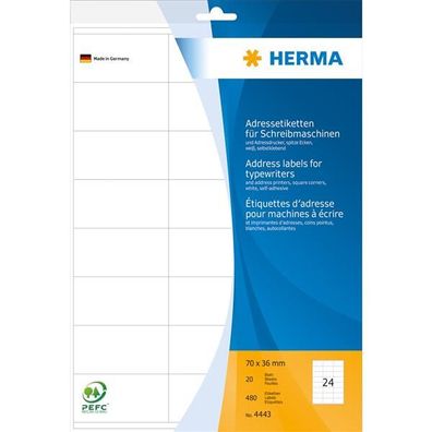 HERMA 4443 HERMA Adressetik. 70x36 mm Papier Ecken spitz 480 St