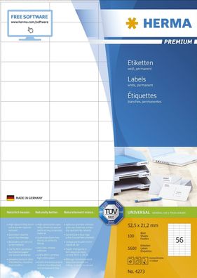 Herma 4273 4273 Etiketten Premium A4, weiß 52,5x21,2 mm Papier matt 5600 St