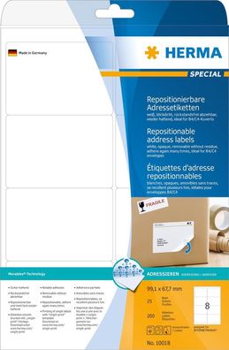 HERMA 10018 Herma 10018 Adressetiketten A4 weiß 99,1x67,7 mm repositionierbar