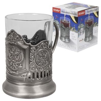 Teeglashalter in Silber Wappen Russlands mit Glas, 200 ml