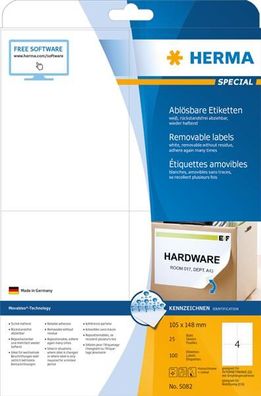 Herma 5082 Herma Movables Etik. w. 105X148 25 Blatt DIN A4 100 Stück 5082