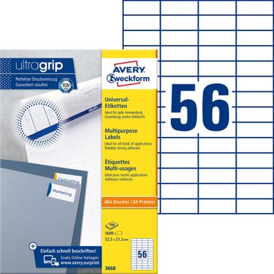 Avery Zweckform® 3668 3668 Universal-Etiketten ultragrip - 52,5 x 21,2 mm, weiß,