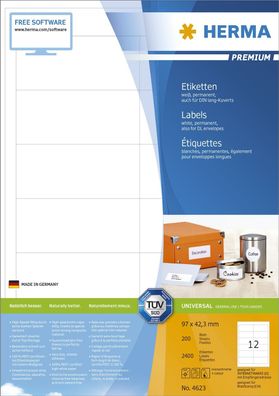 Herma 4623 4623 Etiketten Premium A4, weiß 97x42,3 mm Papier matt 2400 St
