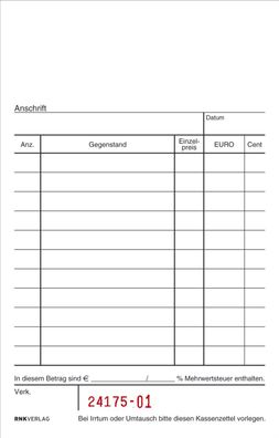 RNK Verlag 2952 Kassenblock - oben geheftet, 2 x 50 Blatt, (BxH): 96 x 167 mm,