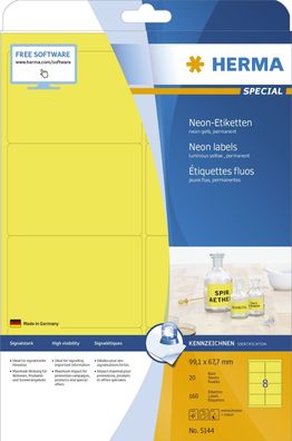 Herma 5144 5144 Etiketten A4 neon-gelb 99,1x67,7 mm Papier matt 160 St