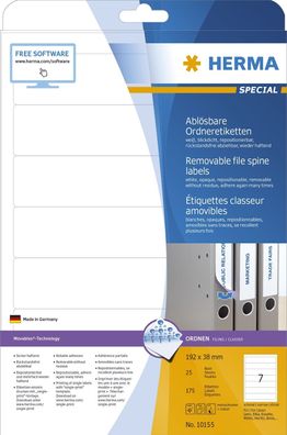 Herma 10155 10155 Ordneretiketten A4 weiß 192x38 mm Movables/ablösbar, 175 Stück