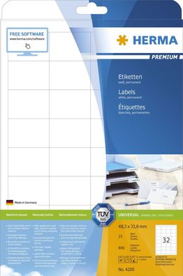 Herma 4200 Etiketten Premium A4, weiß 48,3x33,8 mm Papier matt 800 St