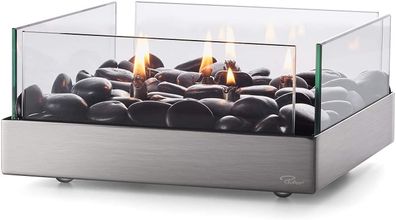 Philippi Fireplace Tischkamin, quadratisch Edelstahl, Glas, Flusssteine 123175