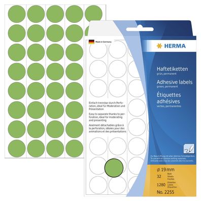 Herma 2255 2255 Vielzwecketiketten - grün, Ø 19 mm, matt, Trägerpapier perforiert,