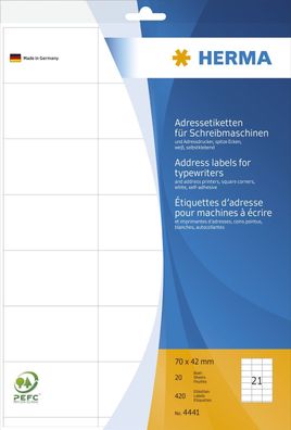 Herma 4441 Adressetiketten für Schreibmaschinen A4 70x42 mm Papier matt Ecken