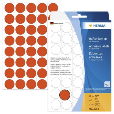 HERMA 2252 Vielzwecketiketten rot Ø 19 mm rund Papier matt Trägerpapier perforiert