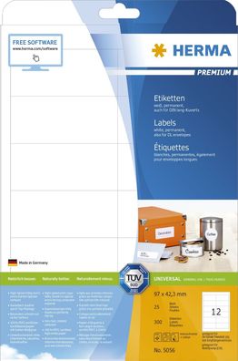 Herma 5056 Etiketten Premium A4, weiß 97x42,3 mm Papier matt 300 St