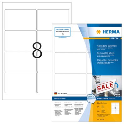 Herma 10308 10308 Universaletiketten - 96 x 63,5 mm, weiß, ablösbar, matt, 800 Stück