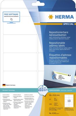 Herma 4349 4349 Adressetiketten A4 weiß 96x50,8 mm repositionierbar Papier matt