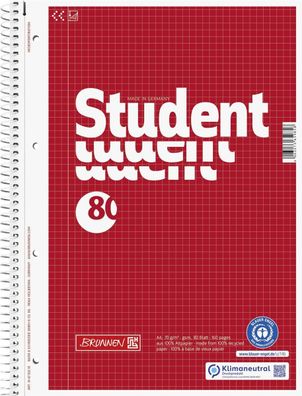 Brunnen 106783201 Collegeblock Student Recycling A4 5 mm kariert Deckblatt: rot