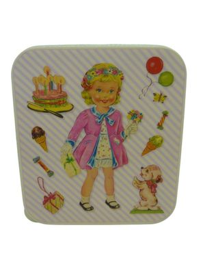 Stilvolle rosa Lunchbox mit bunten Retro-Motiven für ein nostalgisches Flair