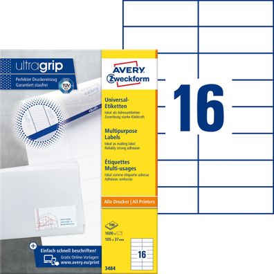 Avery Zweckform® 3484 3484 Universal-Etiketten ultragrip - 105 x 37 mm, weiß,