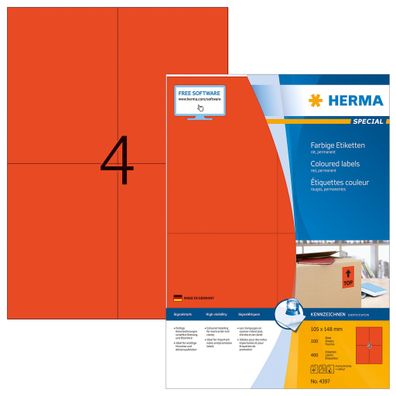 Herma 4397 4397 Universaletiketten SuperPrint - 105 x 148 mm, rot, matt, 400 Stück