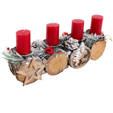 Adventsgesteck HWC-M14 mit Kerzenhalter, Adventskranz Weihnachtsgesteck Holz