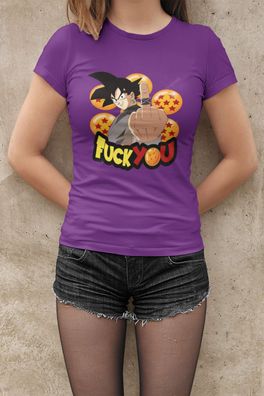 Dragon Ball Son Goku Damen T-Shirt Tailliert Bio-Baumwolle FUCK YOU Mittelfinger