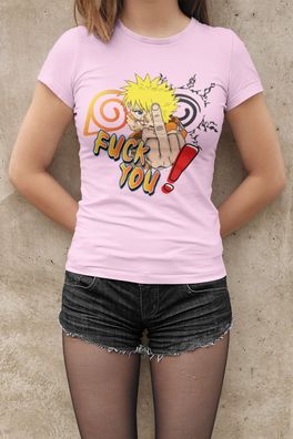 Anime Naruto Ninja Damen T-Shirt Tailliert Bio-Baumwolle FUCK YOU Mittelfinger