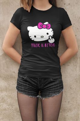 Hello Kitty Damen T-Shirt Tailliert Bio-Baumwolle FUCK YOU Mittelfinger