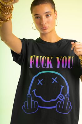 Nirvana Parodie Damen Oversize T-Shirt aus Bio-Baumwolle Mittelfinger Fuck You