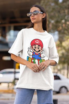 Super Mario Parodie Damen Oversize T-Shirt Bio-Baumwolle Fuck You Mittelfinger