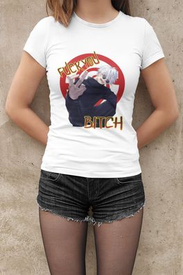 Gojo Jujutsu Kaisen Damen T-Shirt Tailliert Bio-Baumwolle FUCK YOU Mittelfinger