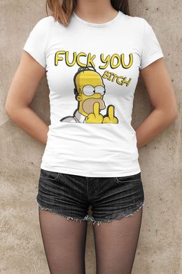 Homer Simpson Damen T-Shirt Tailliert Bio-Baumwolle – "FUCK YOU" Mittelfinger
