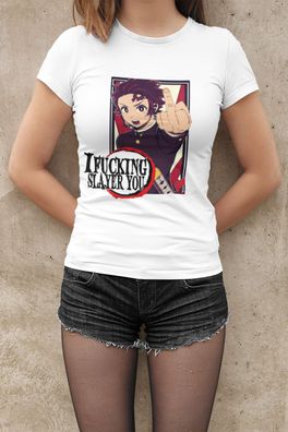 Demon Slayer Tanjiro Damen T-Shirt Tailliert Bio-Baumwolle FUCK YOU Mittelfinger