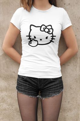 Hello Kitty Damen T-Shirt Tailliert Bio-Baumwolle FUCK YOU Mittelfinger Japan