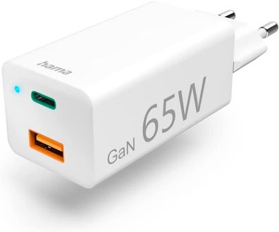 Hama Schnellladegerät GaN 1x USB-C PD 1x USB-A QC Mini-Ladegerät 65 W weiß