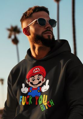 Super Mario Parodie Bio Herren Hoodie FUCK YOU Mittelfinger