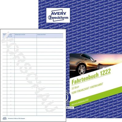 Avery Zweckform® 1222 1222 Fahrtenbuch - A5, steuerlicher km-Nachweis, 32 Blatt, weiß