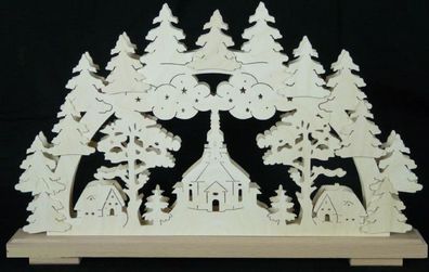 Schwibbogen mit Seiffener Kirche Wald und Beleuchtung BxHxT 50x31x7cm NEU Lichter