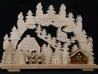 Schwibbogen mit Kurrendefiguren Marktstand und Beleuchtung BxHxT 50x32x10cm