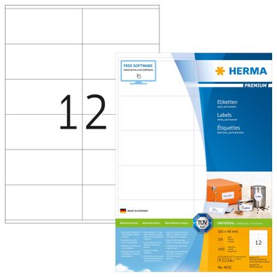 Herma 4635 4635 Etiketten Premium - 105 x 48 mm, weiß, matt, 2400 Stück