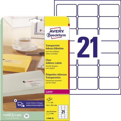 AVERY Zweckform Transparente Adress-Etiketten, 63,5 x 38,1mm