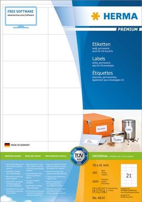 HERMA 4634 HERMA Etiketten Premium A4 weiß 70x41 mm Papier 4200 St