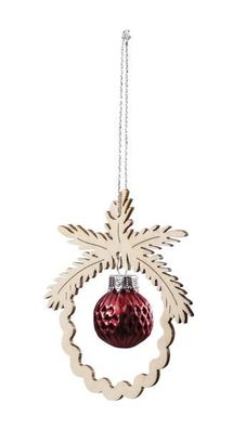 Baumbehang aus Holz mit Glaskugel Holz natur, las rot Ø 8,5cm Christbaumschmuck